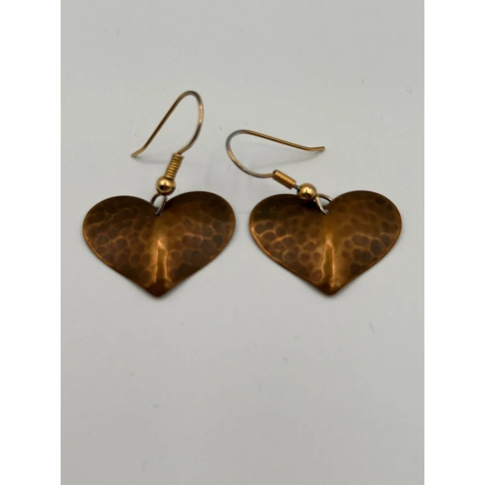 Hammered Copper Heart Drop Earrings Rustic Boho Dangle Gold Tone Hooks